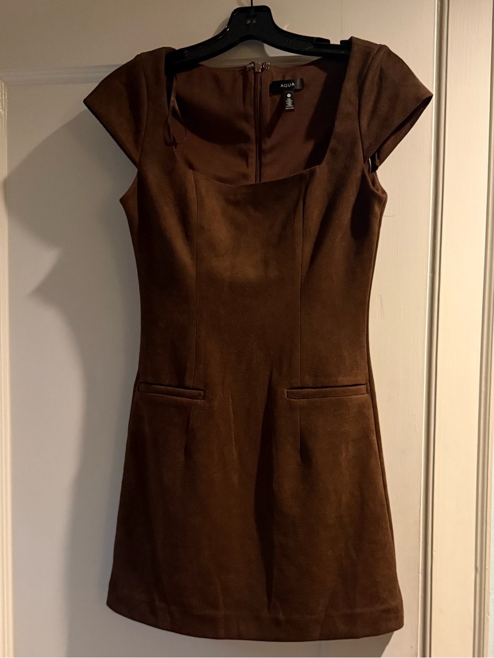 Aqua Brown Cap-Sleeve Suede Sheath Dress